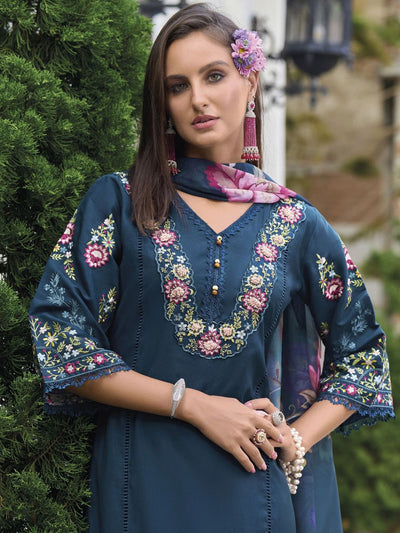 Indyancart VA Women'sFloral Embroidered Thread Work Pure Cotton Straight Kurta With Trouser And Dupatta