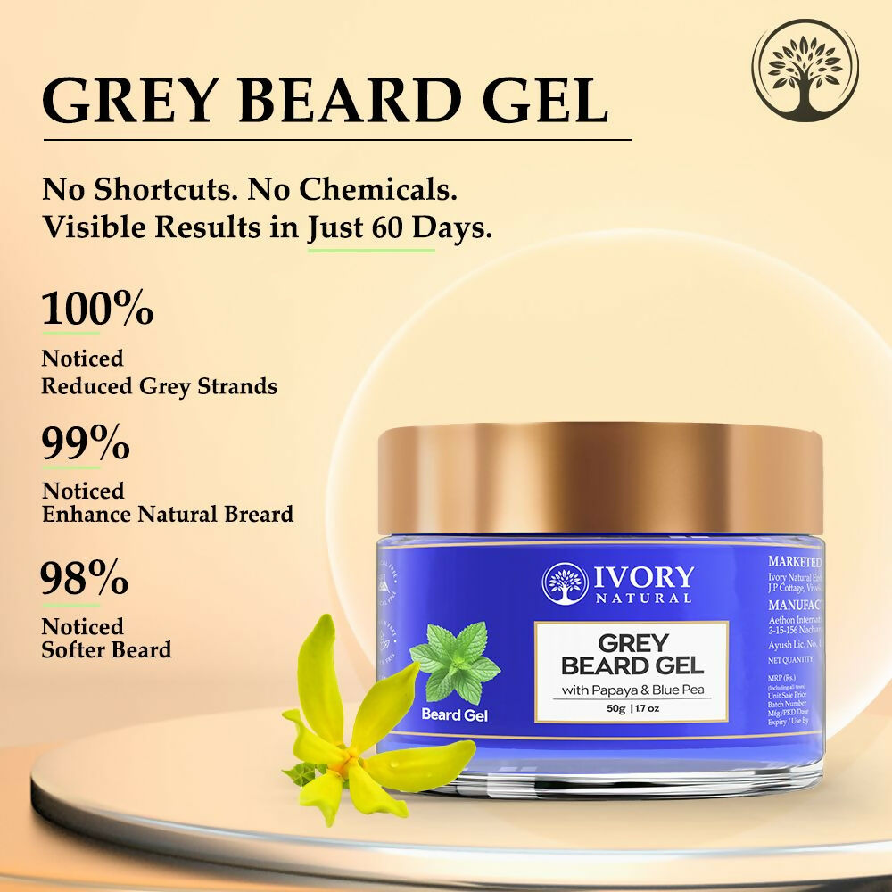 Ivory Natural beard gel and cream with a grey beard, showing the product bottle and a well-groomed, shiny beard.