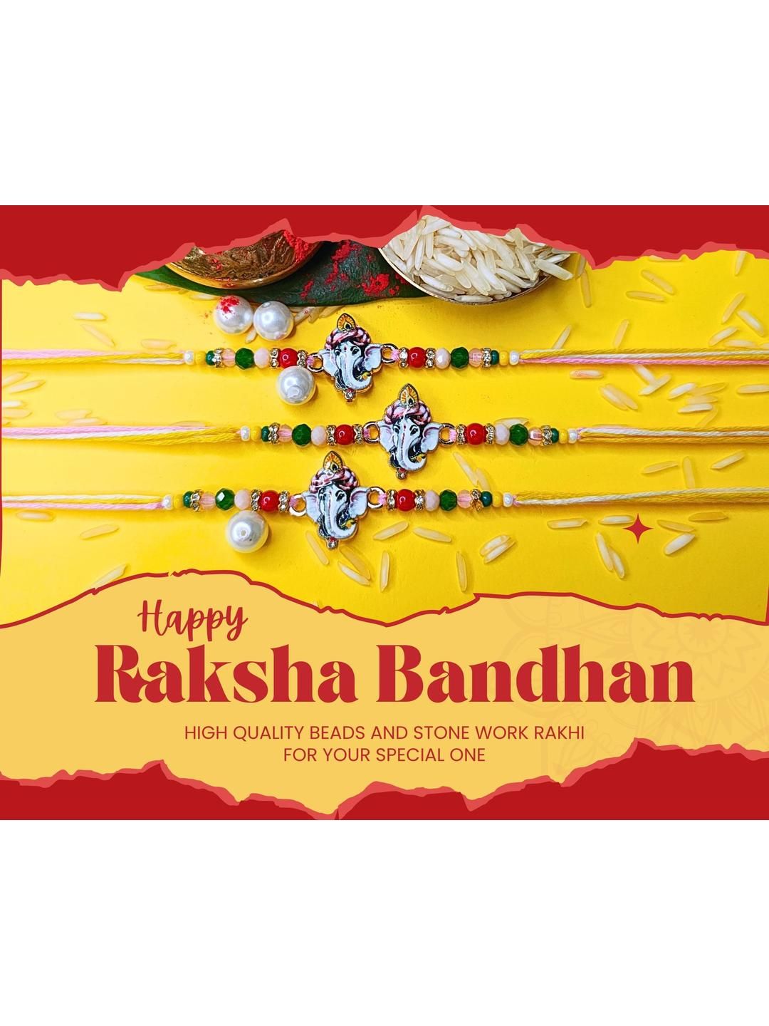 Anouk Set Of 3 Beaded Cotton Thread with AD Stones & Meenakari Designer Rakhi for Brother