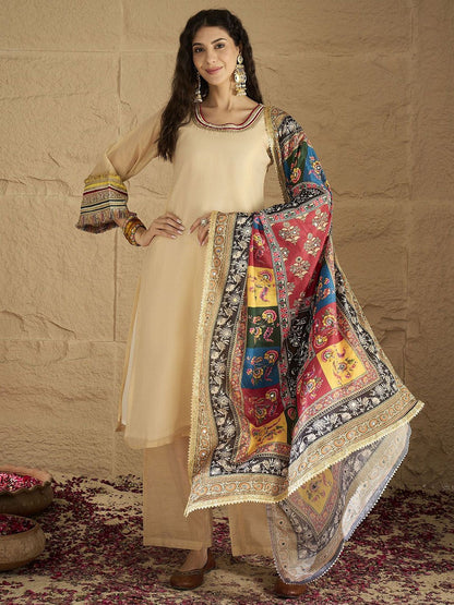Indyancart VA Yoke Design Round Neck Straight Kurta With Palazzos And Dupatta