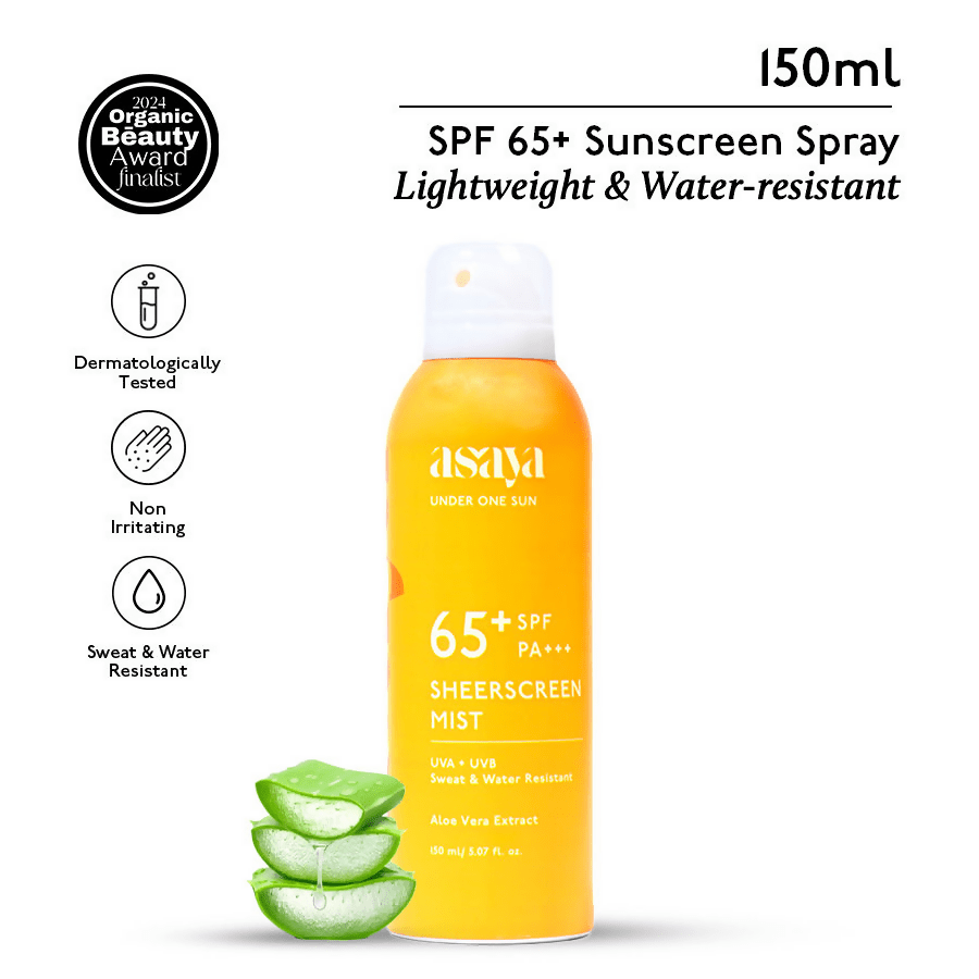 Asaya Broadspectrum SPF 50+ waterproof sunscreen spray for face and body, showing the spray bottle with label and product details.