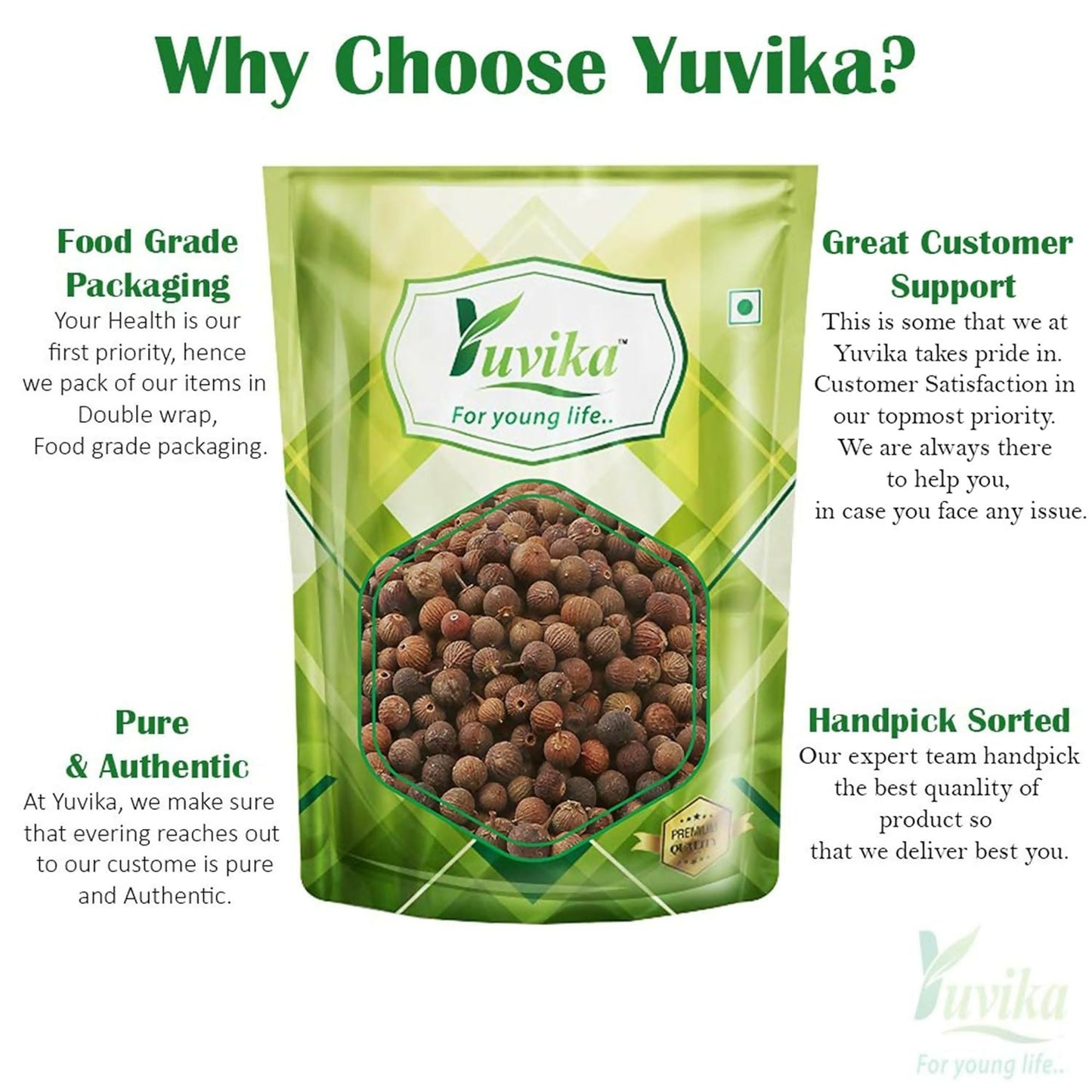 Yuvika Ayurvedic Embelia Ribes (False Black Pepper) in black, shown in a natural setting with dried pods and leaves.