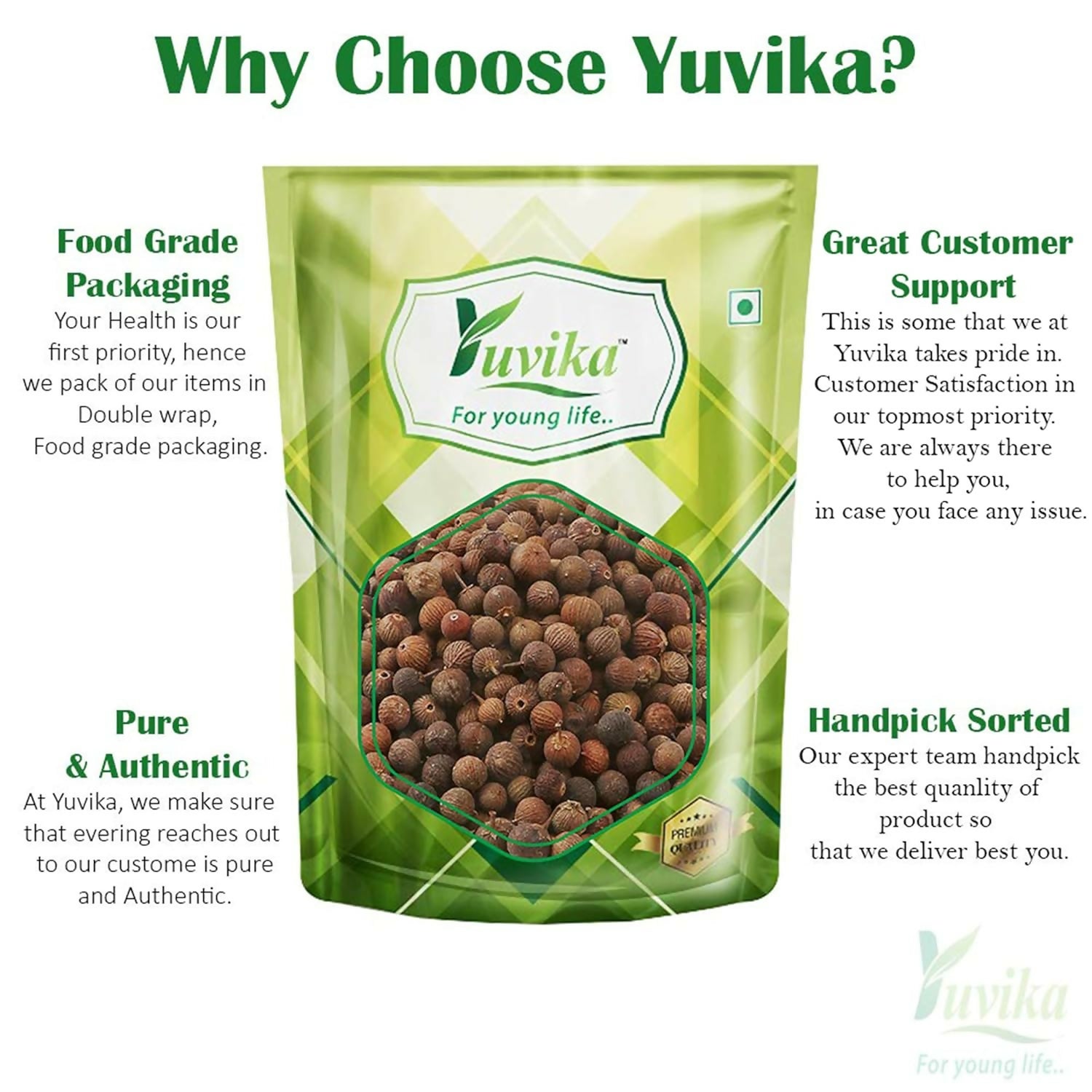 Yuvika Ayurvedic Embelia Ribes (False Black Pepper) in black, shown in a natural setting with dried pods and leaves.