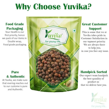 Yuvika Ayurvedic Embelia Ribes (False Black Pepper) in black, shown in a natural setting with dried pods and leaves.