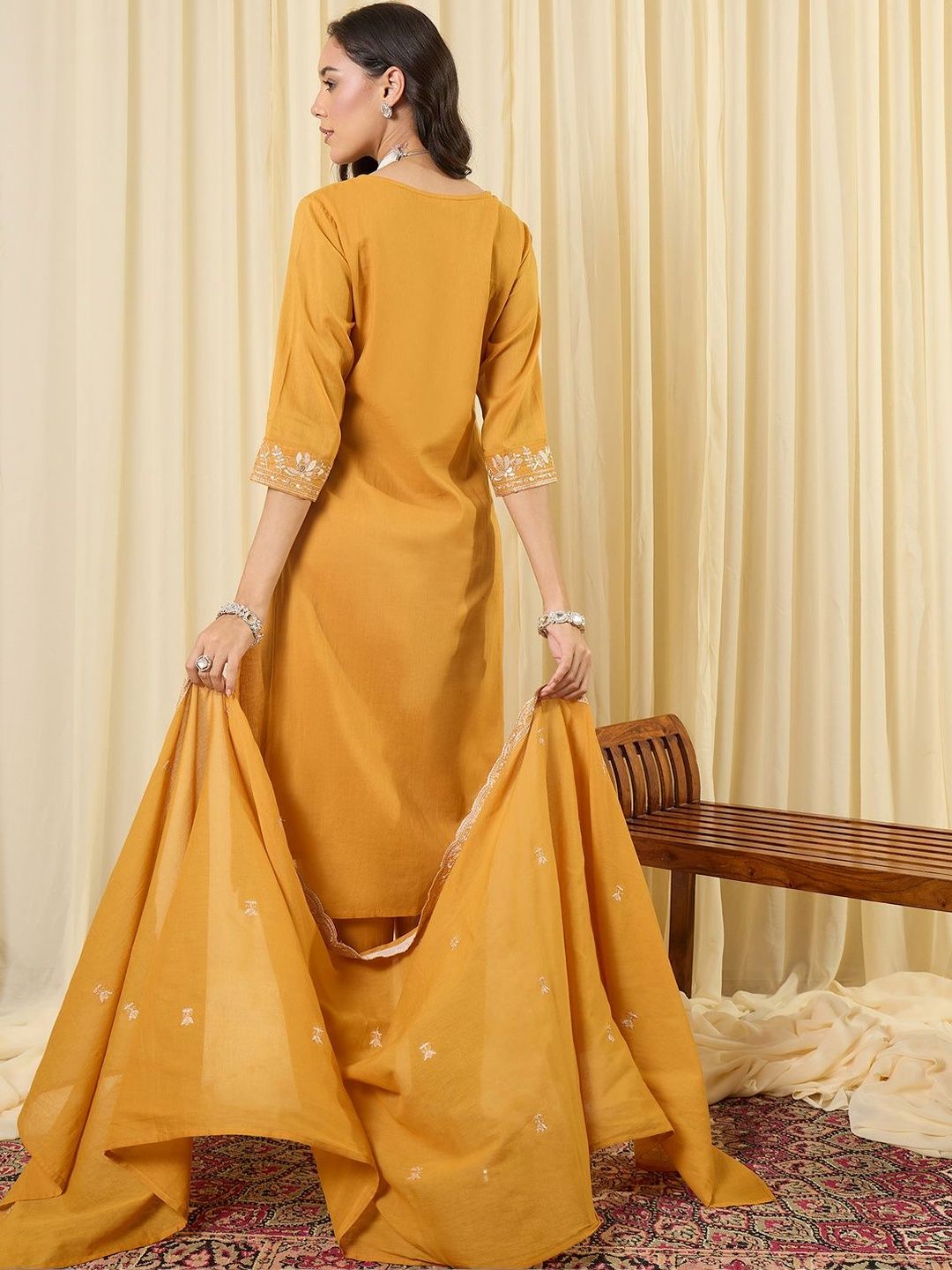 Women Ethnic Motifs Embroidered Regular Thread Work Pure Cotton Kurta with Trousers & With Dupatta