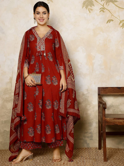 Dhiyona SN Women's Ethnic Motifs Printed Pure Cotton Anarkali Kurta with Palazzo & Dupatta
