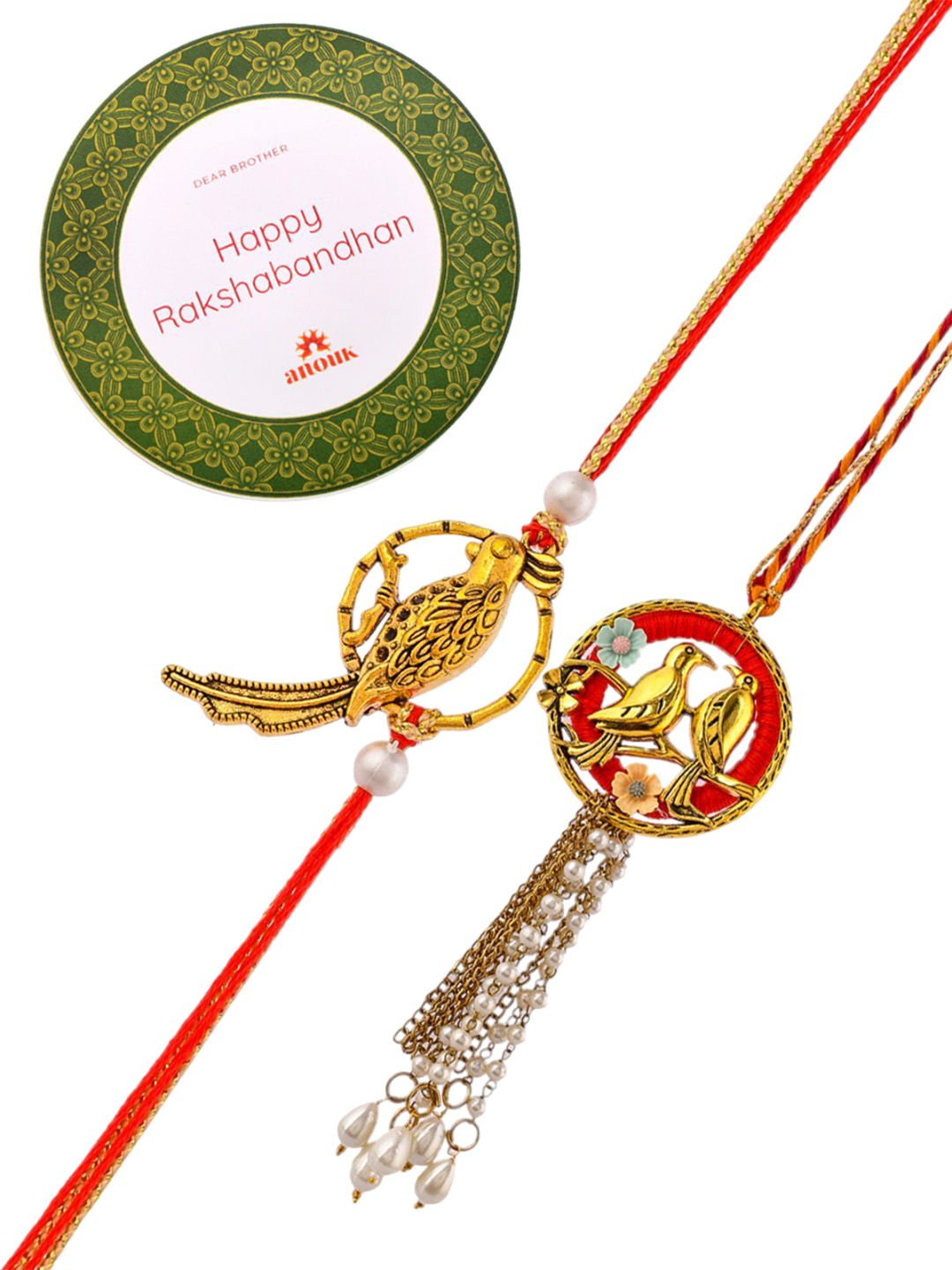 Anouk Gol-Toned Beaded Bhaiya Bhabhi Rakhi With Roli Chawal & Greeting Card