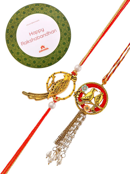 Anouk Gol-Toned Beaded Bhaiya Bhabhi Rakhi With Roli Chawal & Greeting Card