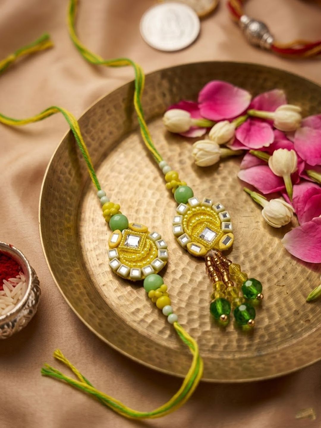 Anouk Set Of 2 Artificial Beads Mirror Work Bhaiya Bhabhi Rakhi With Roli Chawal Chandan
