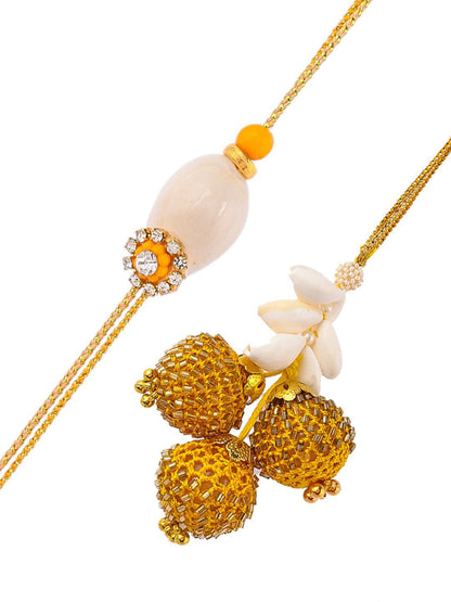 Anouk Gold Toned Beaded Bhaiya Bhabhi Thread Rakhis With Roli, Chawal & Greeting Card