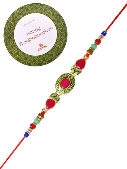 Anouk Gold-Toned Kundan-Studded & Beaded Rakhi With Roli Chawal & Greeting Card