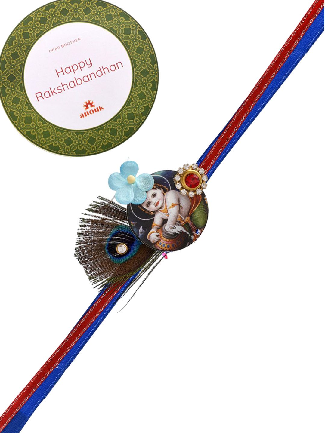 Anouk Blue Mor Pankh & Bal Gopal Beaded Rakhi With Roli Chawal & Greeting Card