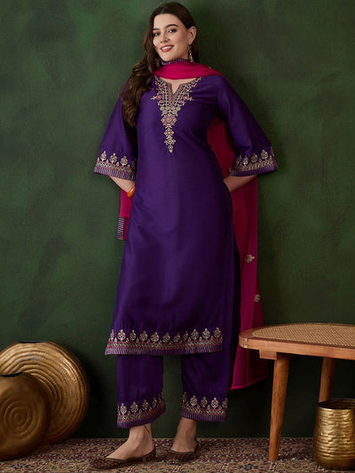 Indyancart SN Women's Floral Yoke Design Notch Neck Sequinned Straight Kurta With Trousers & Dupatta