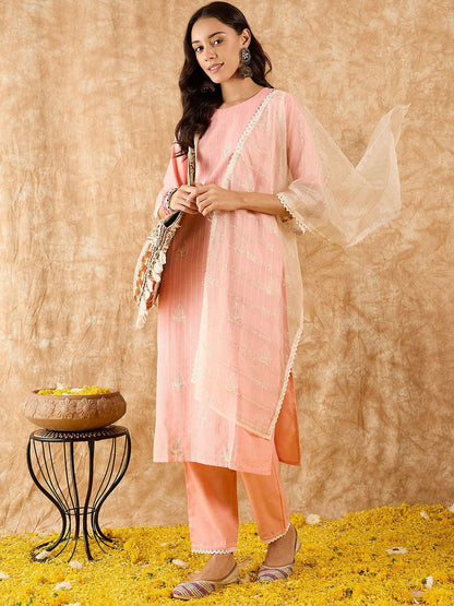 Ethnic Motifs Embroidered Sequinned Straight Kurta With Trousers & Dupatta