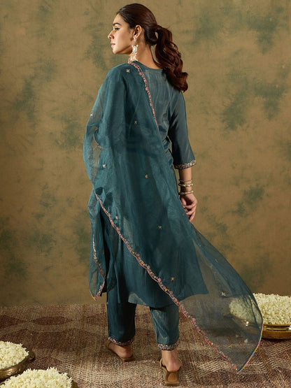 Indyancart IE Ethnic Motifs Embroidered Liva Straight Kurta With Trousers & Dupatta