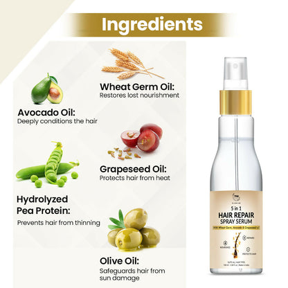 The Natural Wash 5-in-1 hair spray serum with wheat germ oil, featuring a spray bottle with clear label and product branding.