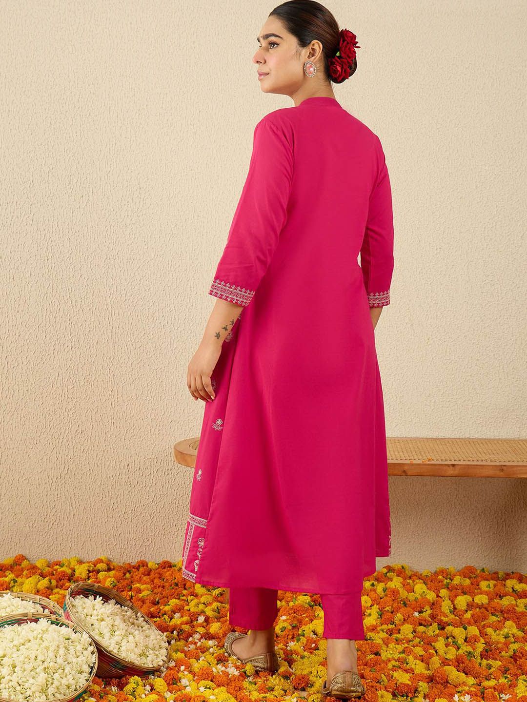 Dhiyona IE Embroidered Pure Cotton Mandarin Collar Neck Top With Trousers Co-Ords