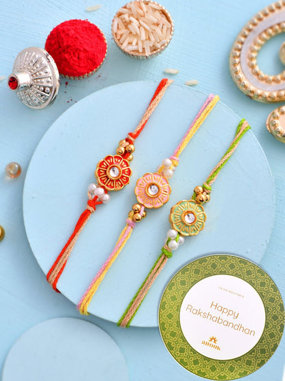 Anouk Red Set of 3 Kundan-Studded & Beaded Thread Rakhi