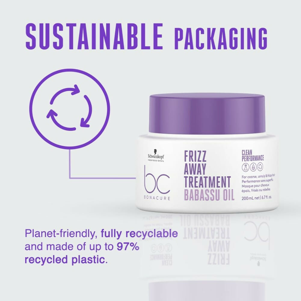 Schwarzkopf Bonacure Frizz Away Hair Mask with Babassu Oil, smooths frizz and nourishes hair, shown in a bowl with creamy texture.