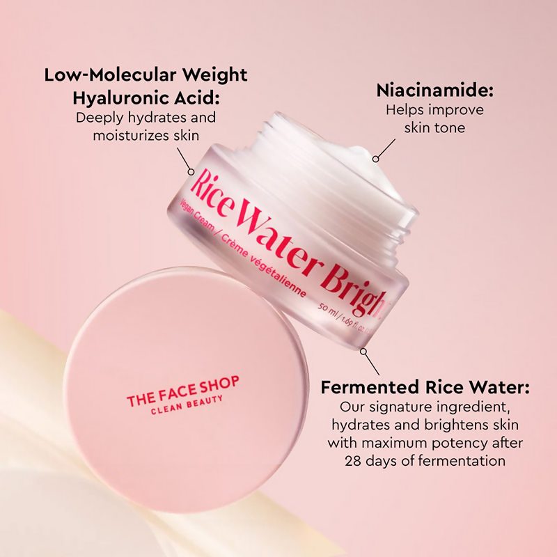 The Face Shop Rice Water Cream with Niacinamide and Hyaluronic Acid, a face cream in a white jar with a pink lid.