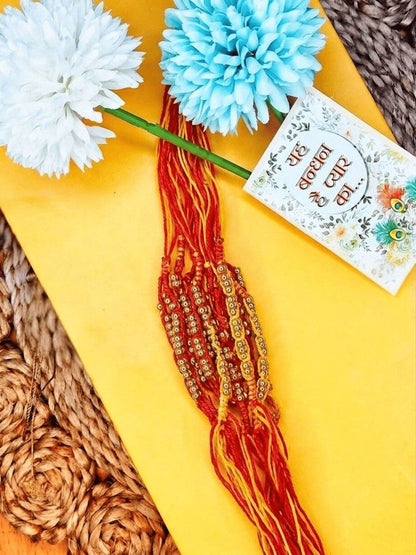Anouk Set Of 6 Yellow & Red Thread Rakhi With Roli Chawal Chandan Mishri
