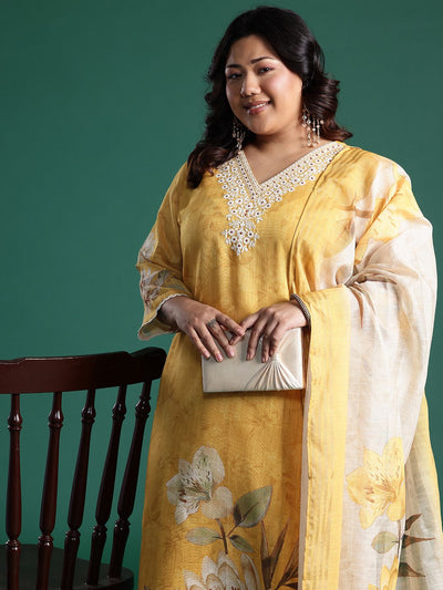 Dhiyona Women's Plus Size Floral Print Regular Thread Work Kurta with Palazzos & Dupatta