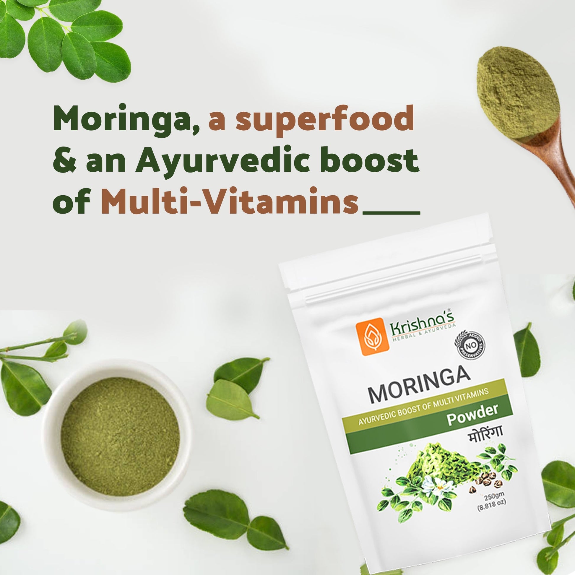 Krishna's Herbal & Ayurveda Moringa Powder in a jar, vibrant green Ayurvedic powder with natural Moringa leaves around it.