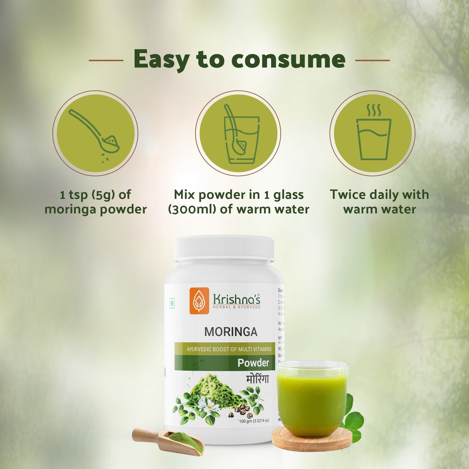 Krishna's Herbal & Ayurveda Moringa Powder in a glass jar, vibrant green herbal Ayurvedic powder for health and wellness.