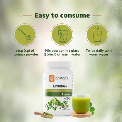 Krishna's Herbal & Ayurveda Moringa Powder in a glass jar, vibrant green herbal Ayurvedic powder for health and wellness.