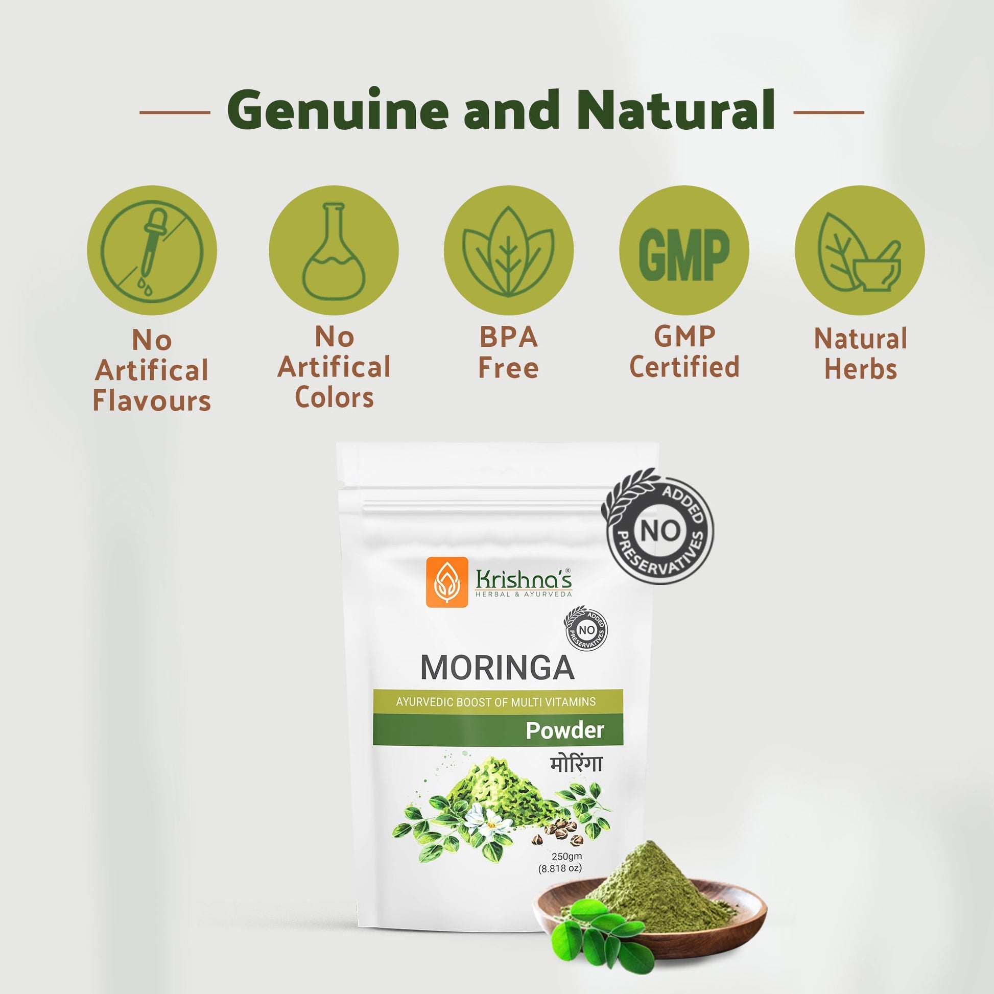 Krishna's Herbal & Ayurveda Moringa Powder jar, organic Ayurvedic powder with green Moringa leaves, natural health supplement.