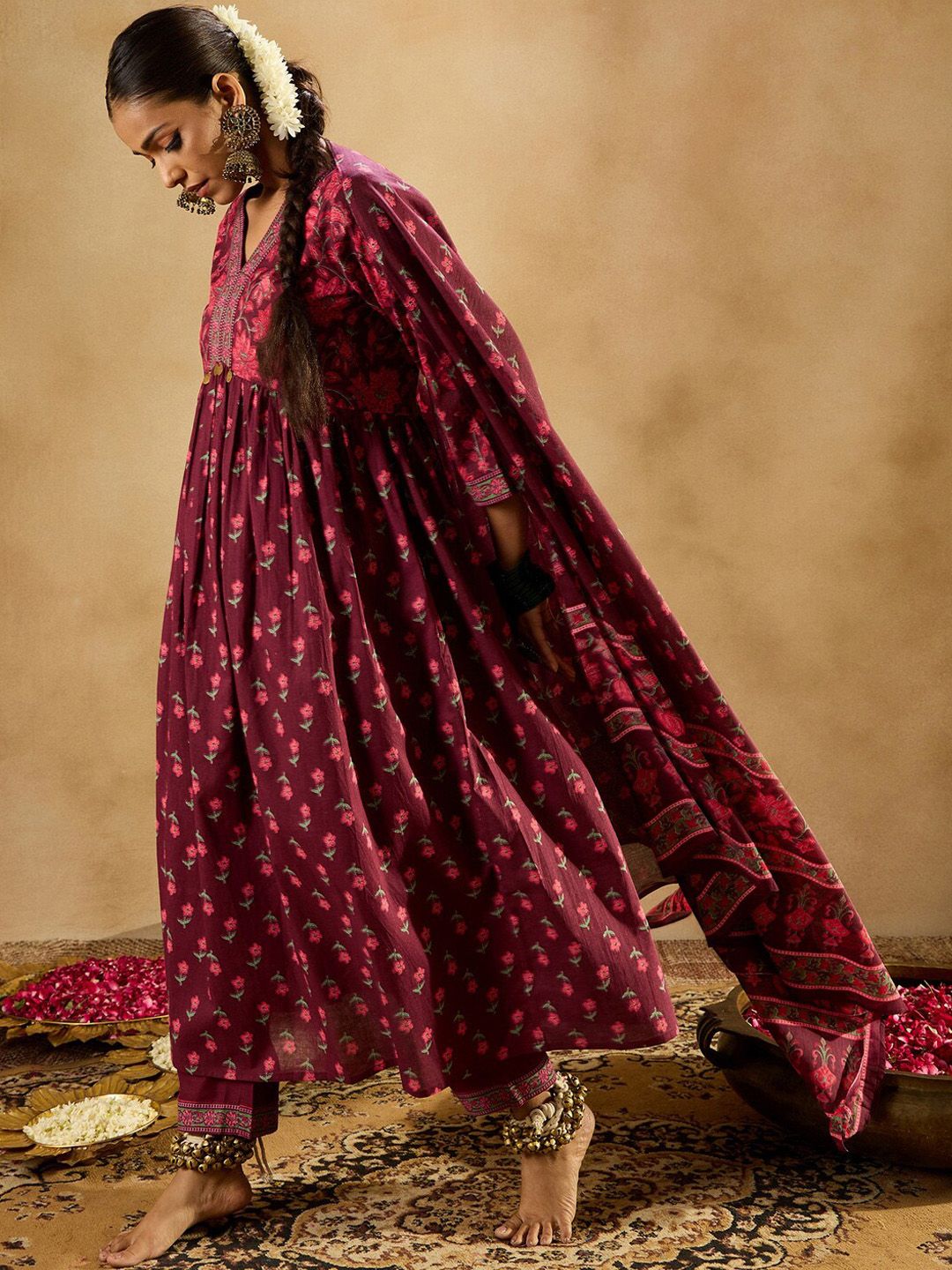 Indyancart IE Floral Printed Empire Pure Cotton A-Line Kurta with Trousers & Dupatta