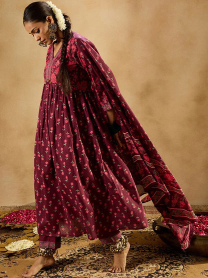 Indyancart IE Floral Printed Empire Pure Cotton A-Line Kurta with Trousers & Dupatta
