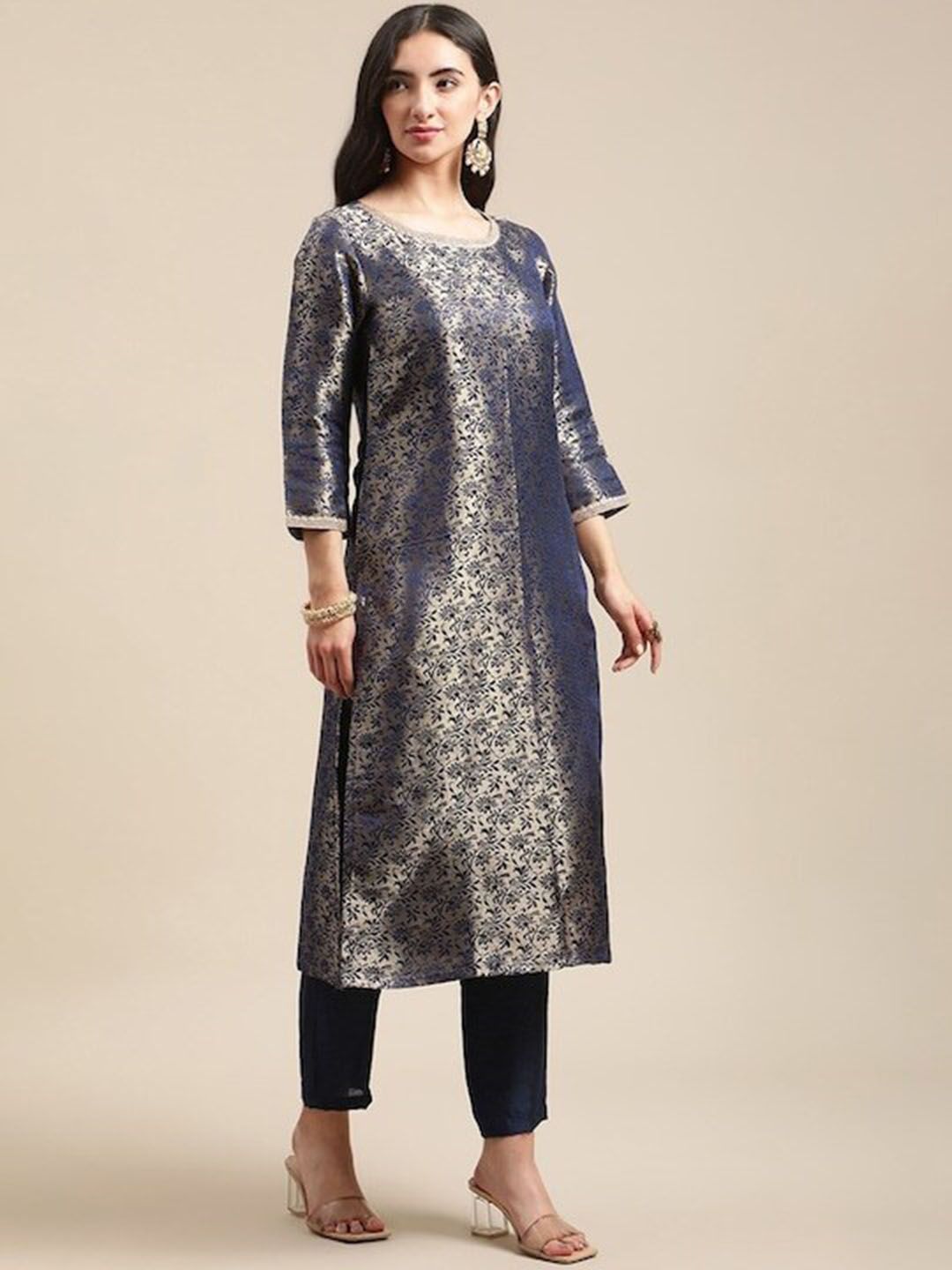 Indyancart VA Women's Blue & Gold Floral Brocade Gotta Patti Straight Winter Kurta with Trousers