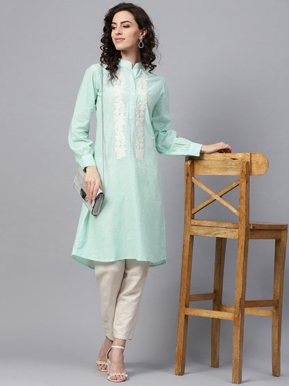 Indyancart IE Women Sea Green Checked Kurta