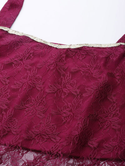 Indyancart VA Women's Magenta Floral Lace Kurta with Sharara