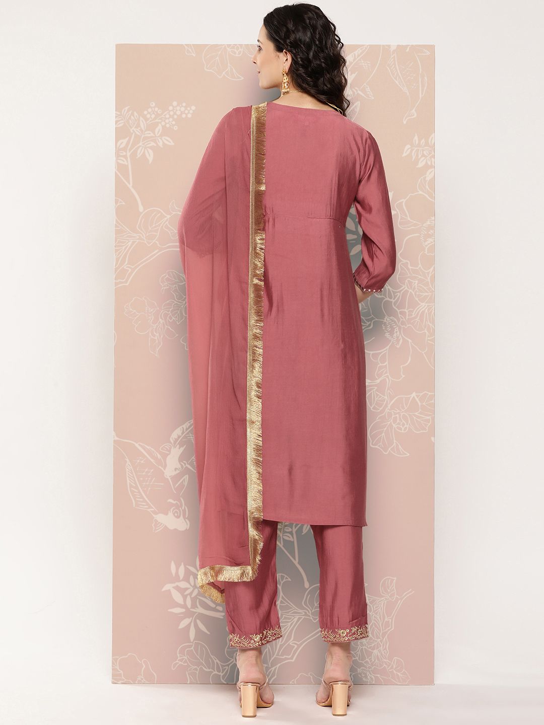 Indyancart VA Women's Embroidered Empire Kurta with Trousers & With Dupatta