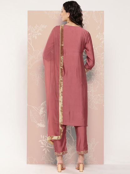 Indyancart VA Women's Embroidered Empire Kurta with Trousers & With Dupatta