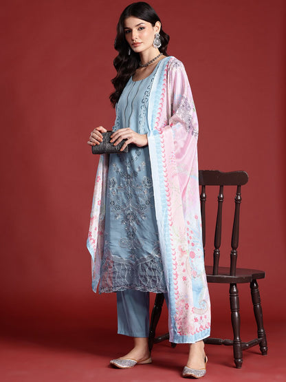 Indyancart IE Floral Embroidered Thread Work Kurta with Trousers & Dupatta