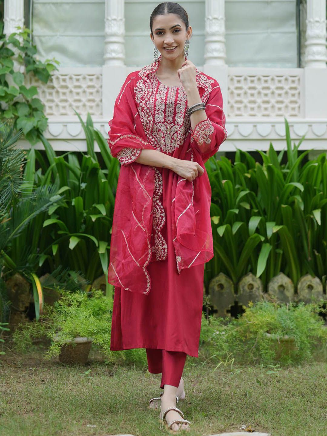 Ethnic Motifs Embroidered Liva Kurta With Trousers & Dupatta