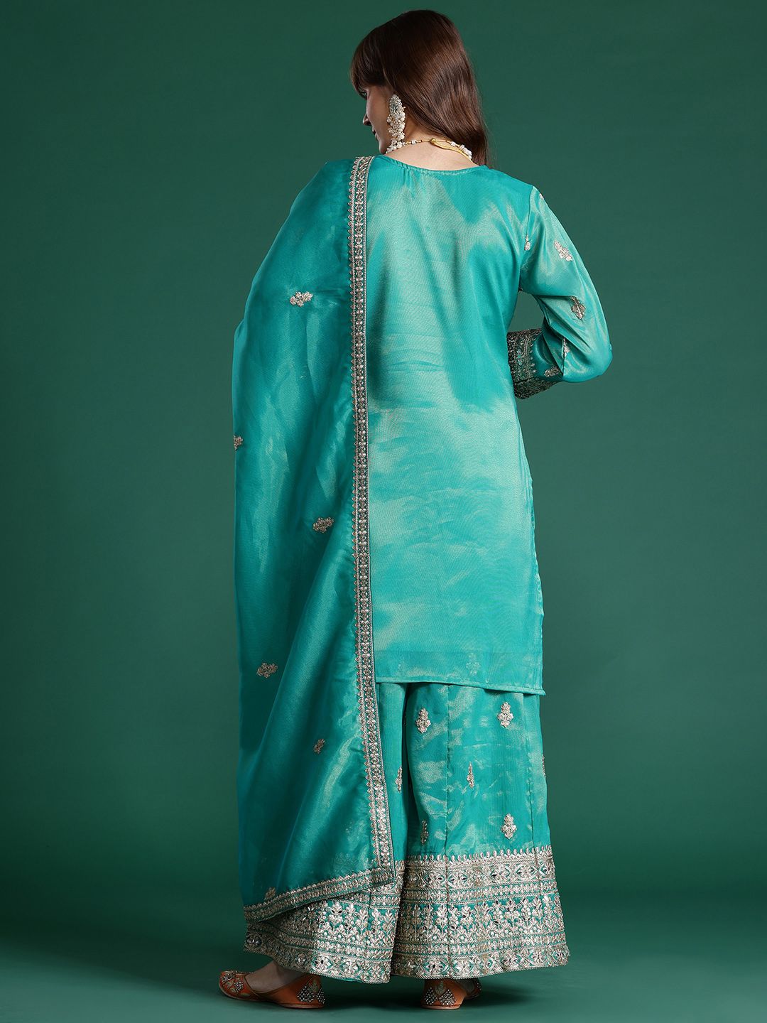 Ethnic Motifs Embroidered Sequinned Kurta with Palazzos & Dupatta