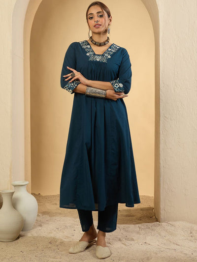 Indyancart IE Women Ethnic Motifs Embroidered Pure Cotton Kurta with Trousers
