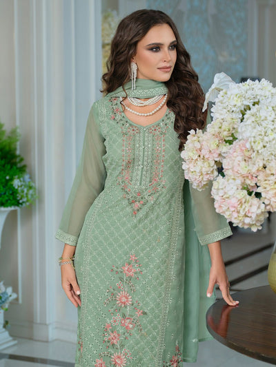 Indyancart IE Adults-Women Woven Design Embroidered Kurta with Trousers & Dupatta