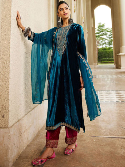 Dhiyona IE Women Ethnic Motifs Embroidered Regular Velvet Kurta with Trousers & Dupatta