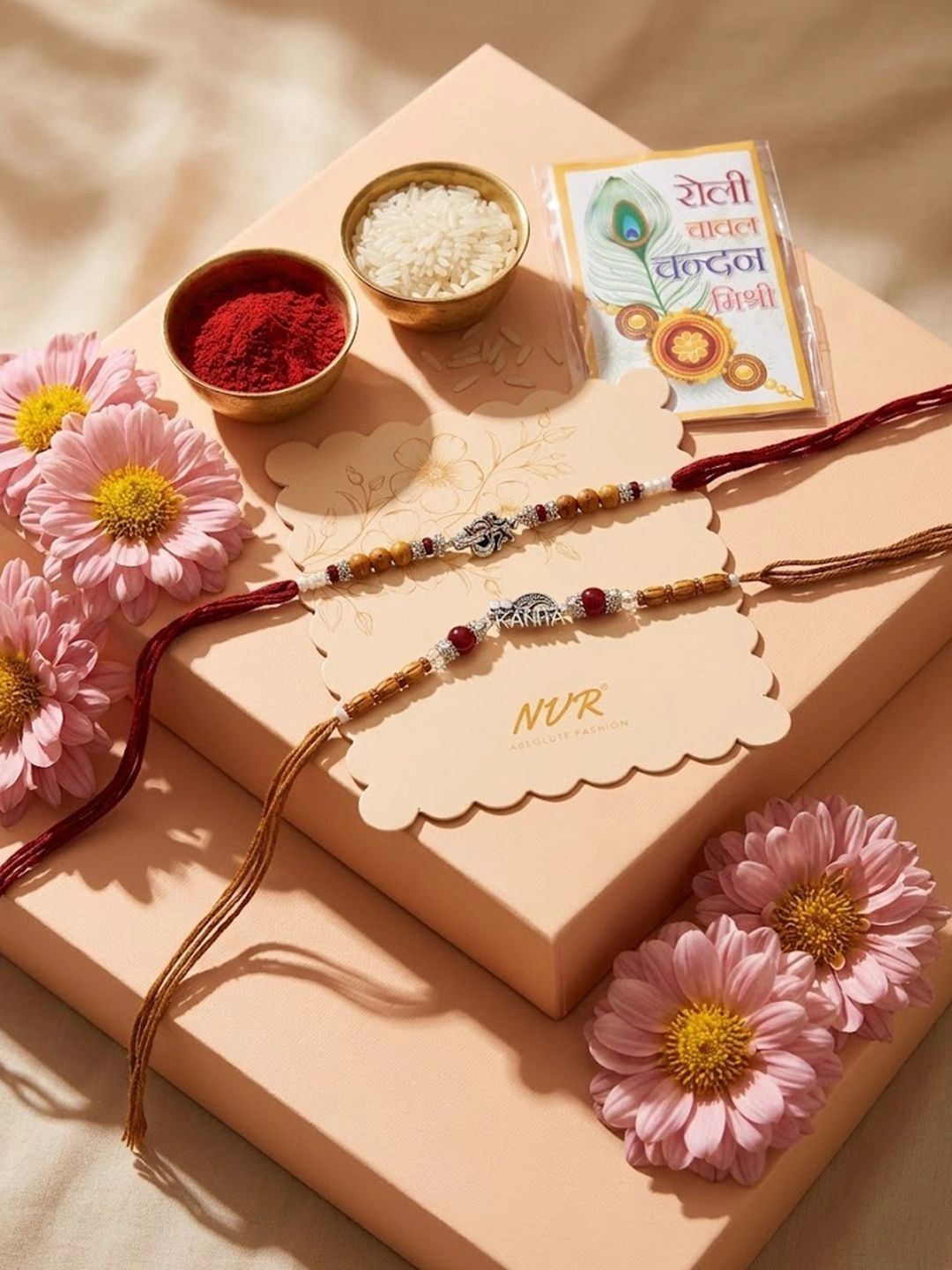 Anouk Set Of 2 Silver Toned Religious Rakhi Thread Rakhi Roli Chawal Chandan Mishri