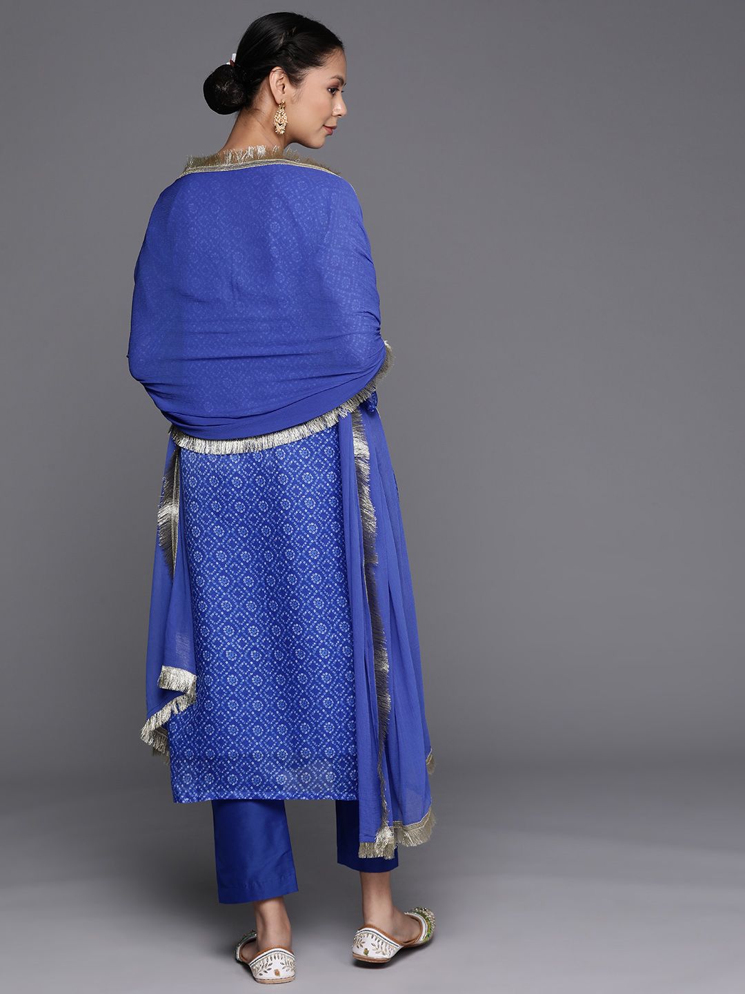 Indyancart VA Women'sBandhani Printed Mirror Work Kurta with Trousers & Dupatta