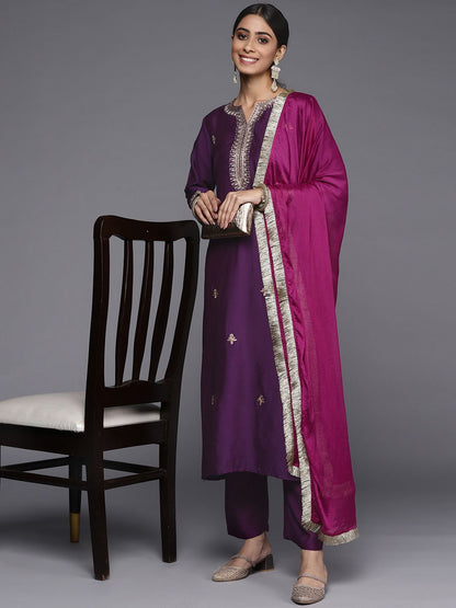 Indyancart VA Women's Purple Ethnic Motifs Embroidered Kurta with Trousers & With Dupatta