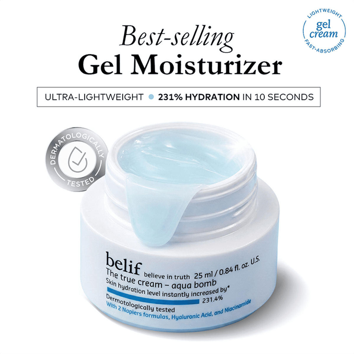 belif The True Cream Aqua Bomb moisturizer in a jar, showcasing its lightweight, hydrating formula for increased skin hydration