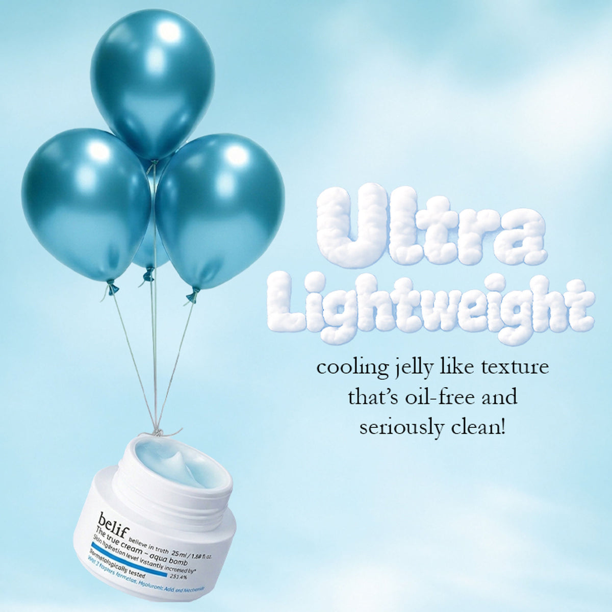 belif The True Cream Aqua Bomb moisturizer jar with blue packaging, showcasing its hydrating and dermat-tested skincare qualities
