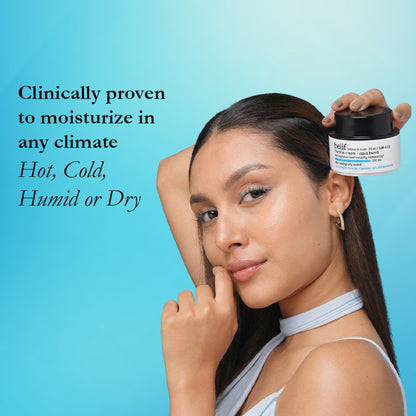 belif The True Cream Aqua Bomb moisturizer in a jar, showcasing its lightweight, hydrating formula for increased skin moisture
