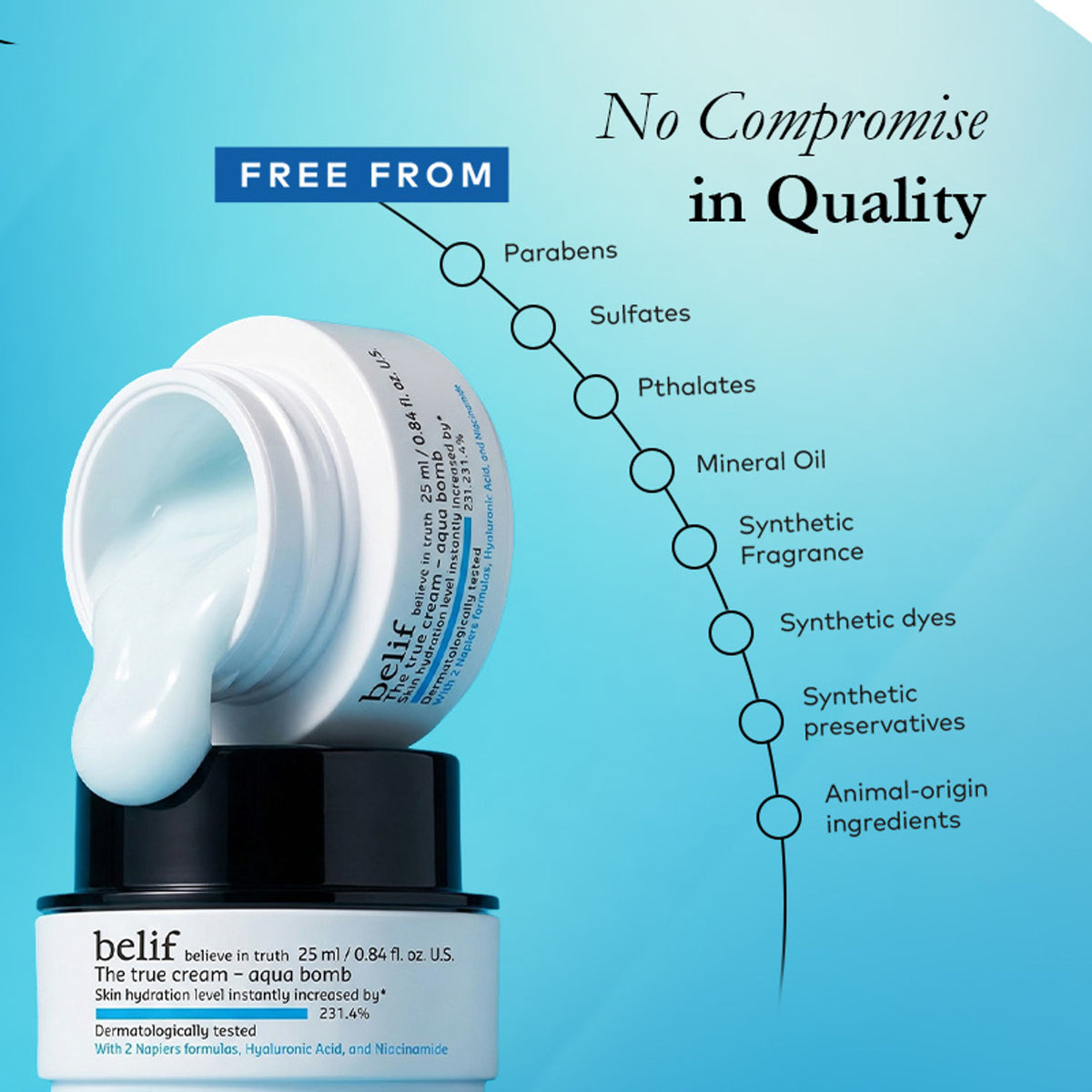 belif The True Cream Aqua Bomb moisturizer jar with blue packaging, showcasing the dermat-tested hydrating skincare product